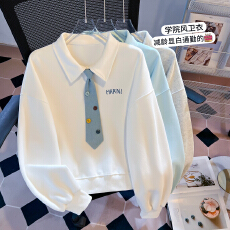 批发思洛伊实拍2026新款<b class='q'>牛仔</b>领带小清新绣花学院风宽松polo领卫衣