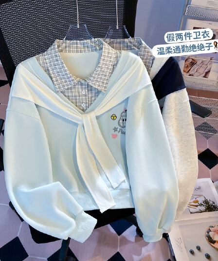 생각하기 Loy 실사 2026 학원 스타일 숄 섹션 패치워크 색상 체크무늬 POLO 칼라 페이크 레이어드 다용도 달콤함 후드티