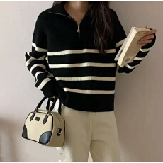 批发<b class='q'>大码</b>秋冬宽松百搭翻领半拉链条纹毛衣套头针织打底衫