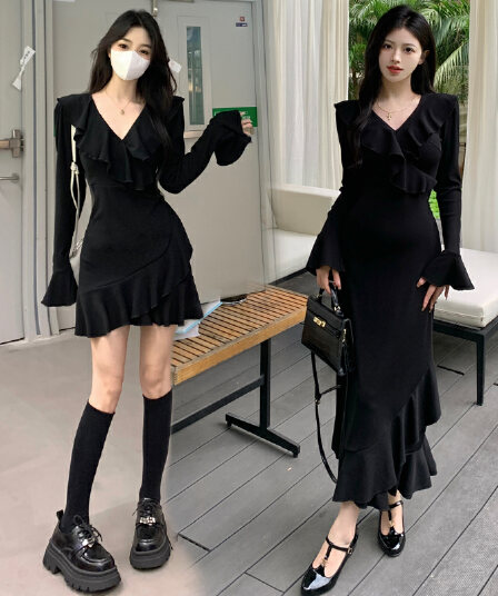 실사 빅 사이즈 봄 드레스 섹션 그는 벤 바람 검정색 V넥 드레스 고급 센스 순수한 욕망 바람 허리 수축 슬림해 보이는 인어 꼬리 스커트