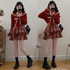 批发实拍大码纯欲风jk制服套装女海军领衬衫格纹百褶蛋糕裙显瘦两件套