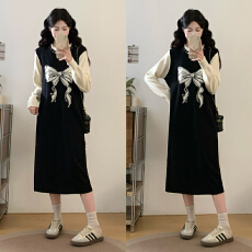 批发实拍~大码<b class='q'>女装</b>假两件设计针织连衣裙女秋冬新款黑色打底毛衣裙子