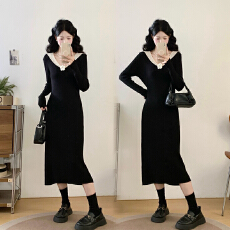 批发实拍~<b class='q'>大码</b>韩系黑色v领长袖针织连衣裙女秋冬收腰修身内搭<b class='q'>打底裙</b>子