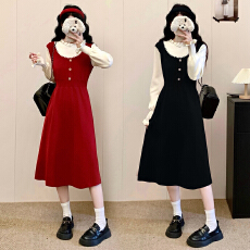 批发实拍小香风假两件长袖针织<b class='q'>连衣裙</b>秋冬减龄温柔法式收腰气质长<b class='q'>裙</b>