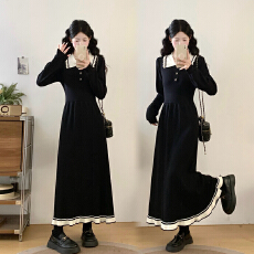 批发实拍大码女装撞色假两件娃娃领连衣裙秋冬气质甜美减龄显瘦毛衣裙