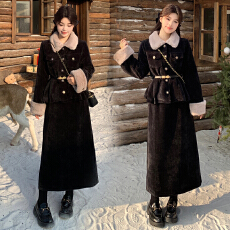 批发实拍<b class='q'>大码</b>女装秋冬新款显瘦时髦高级感毛领外套半身裙夹棉两件套装