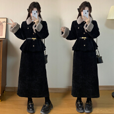 批发实拍 2025冬季<b class='q'>大码</b>显瘦时髦高级感毛领外套腰带半身裙夹棉套装