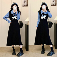 批发实拍大码女装A字裙长袖假两件拼接连衣裙时尚气质针织打底毛衣裙