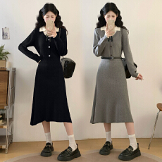 批发实拍半糖摩卡大码女装假两件法式长袖针织连衣裙女秋冬收腰<b class='q'>打底裙</b>