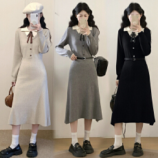 批发实拍「半糖摩卡」假两件法式长袖针织连衣裙女秋<b class='q'>冬</b>收腰打底长裙