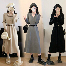 批发实拍~大码胖MM法式气质娃娃领设计洋气<b class='q'>打底裙</b>秋冬长袖针织连衣裙