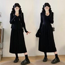 批发实拍~大码女装胖mm秋冬气质显瘦马甲针织连衣裙两件套打底裙子
