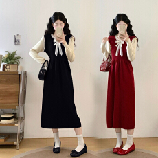 批发实拍<b class='q'>大码</b><b class='q'>女</b>装撞色假两件<b class='q'>连衣裙</b>秋冬气质甜美减龄显瘦毛衣裙