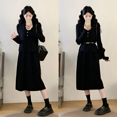 批发实拍 大码女装胖mm新款秋冬时尚气质针织马甲连衣裙套装打底裙子