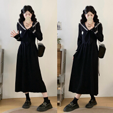 批发实拍微胖海军领针织<b class='q'>连衣裙</b>女新款秋冬学院风打底裙子显瘦掐腰裙