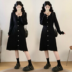 批发实拍大码女装温柔风V领灯笼袖针织连衣裙秋冬季高腰遮胯显瘦<b class='q'>裙子</b>