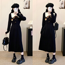 批发实拍微胖大码女装胖mm黑色娃娃领长袖<b class='q'>连衣裙</b>女秋冬显瘦<b class='q'>打底裙</b>子