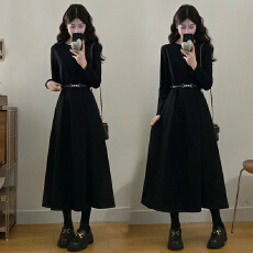 批发实拍~<b class='q'>大码</b>女装秋冬季高端长款黑色醋酸<b class='q'>长袖</b>厚款连衣裙打底小黑裙
