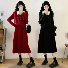 批发实拍千金穿搭红色毛衣裙马甲两件套女新年战袍针织大码胖MM连衣裙