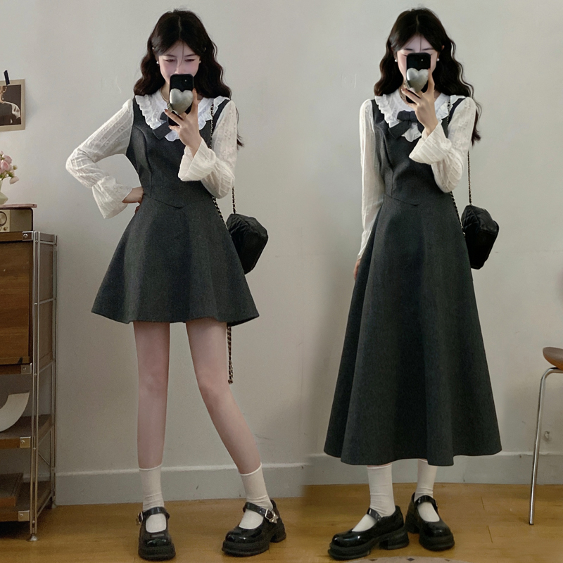 실사 달콤한 스타일 모직 천 골드 치마 여성 가을 겨울 새로운 그는 벤 바람 마이크로 지방 빅 사이즈 허리 수축 슬림해 보이는 드레스