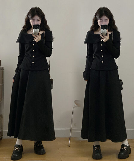 실사 빅 사이즈 지방 mm 봄 새로운 코디 전체 집합 품격 허리 수축 슬림해 보이는 맨위 반신 스커트 투피스 세트
