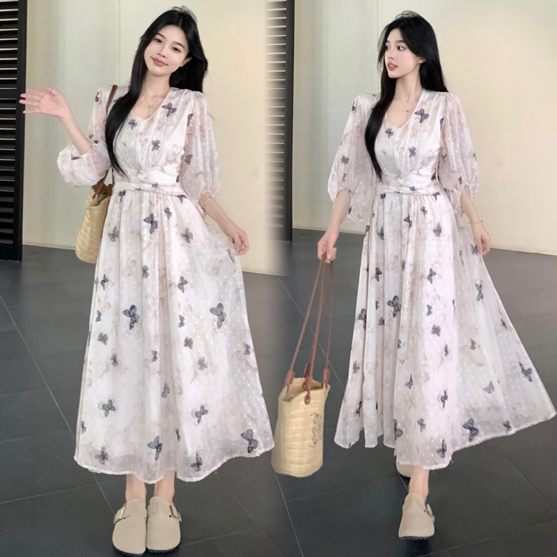 RY325# 实拍早春七分袖温柔风碎花连衣裙大码女设计感修身显瘦大摆长裙