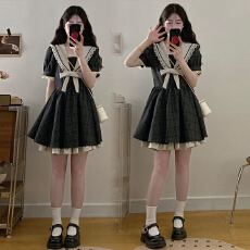 批发实拍~大码女装学院风减龄海军领蝴蝶结小众格纹撞色A字显瘦连衣裙