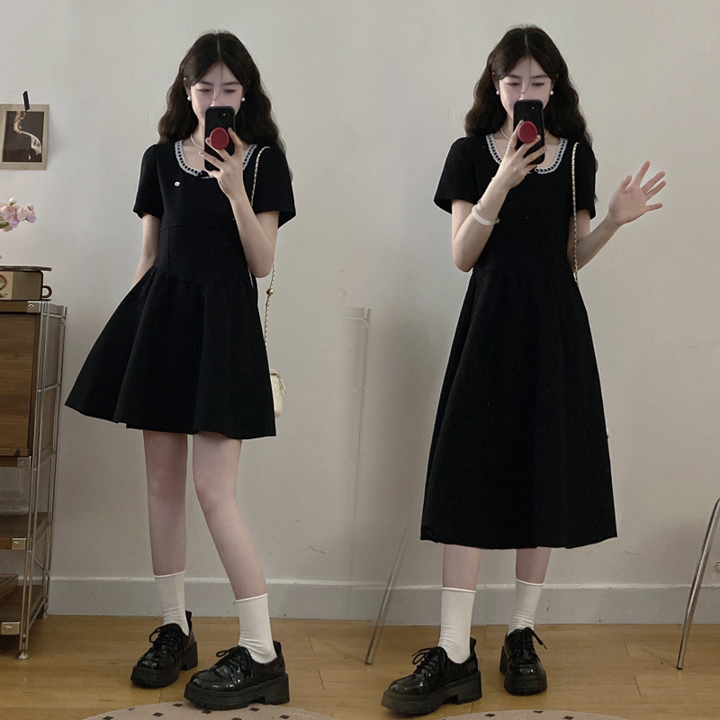 실사 여름 ootd 빅 사이즈 여성 의류 마이크로 지방 mm 슬림해 보이는 작은 검은 드레스 한 부서 패션 꼬집기 허리 드레스
