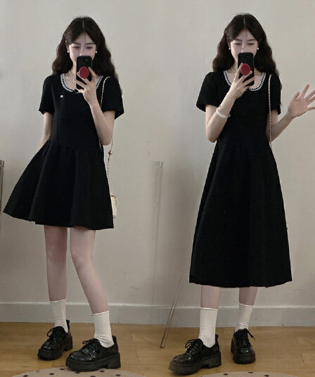 실사 여름 ootd 빅 사이즈 여성 의류 마이크로 지방 mm 슬림해 보이는 작은 검은 드레스 한 부서 패션 꼬집기 허리 드레스