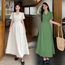 批发实拍~绿调法式复古气质收腰<b class='q'>连衣裙</b>大码女装夏V领短袖<b class='q'>连衣裙</b>