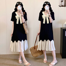 批发实拍大码气质中长裙设计感拼接<b class='q'>连衣裙</b>系带蕾丝蝴蝶结V领显瘦裙子