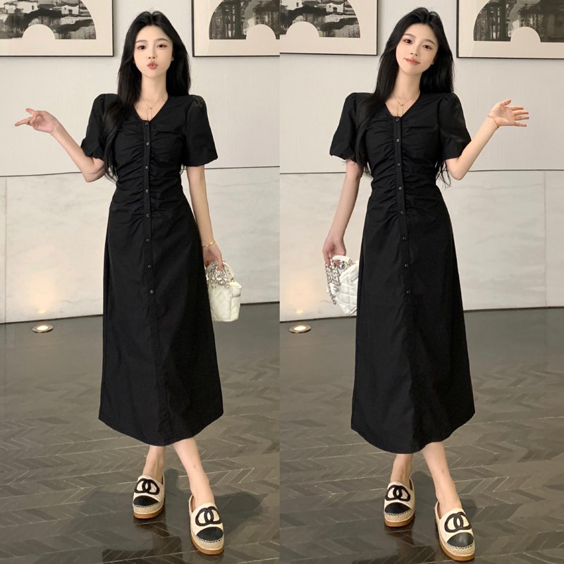 실사 빅 사이즈 고급 센스 빛 요리 한 바람 품격 V넥 주름 여성 드레스 그는 벤 바람 허리 수축 슬림해 보이는 길다 쇼트 스타일