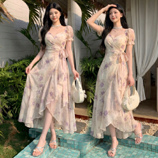 实拍月光蔷薇法式气质优雅紫碎花不规则荷叶边收腰连衣裙大码女装