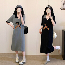 批发<b class='q'>实拍</b>新款v领连衣裙女学院风刺绣卡通拼接针织连衣裙