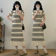 批发实拍大码女装小香风夏季复古短袖POLO领<b class='q'>条纹</b>针织<b class='q'>连衣裙</b>慵懒风