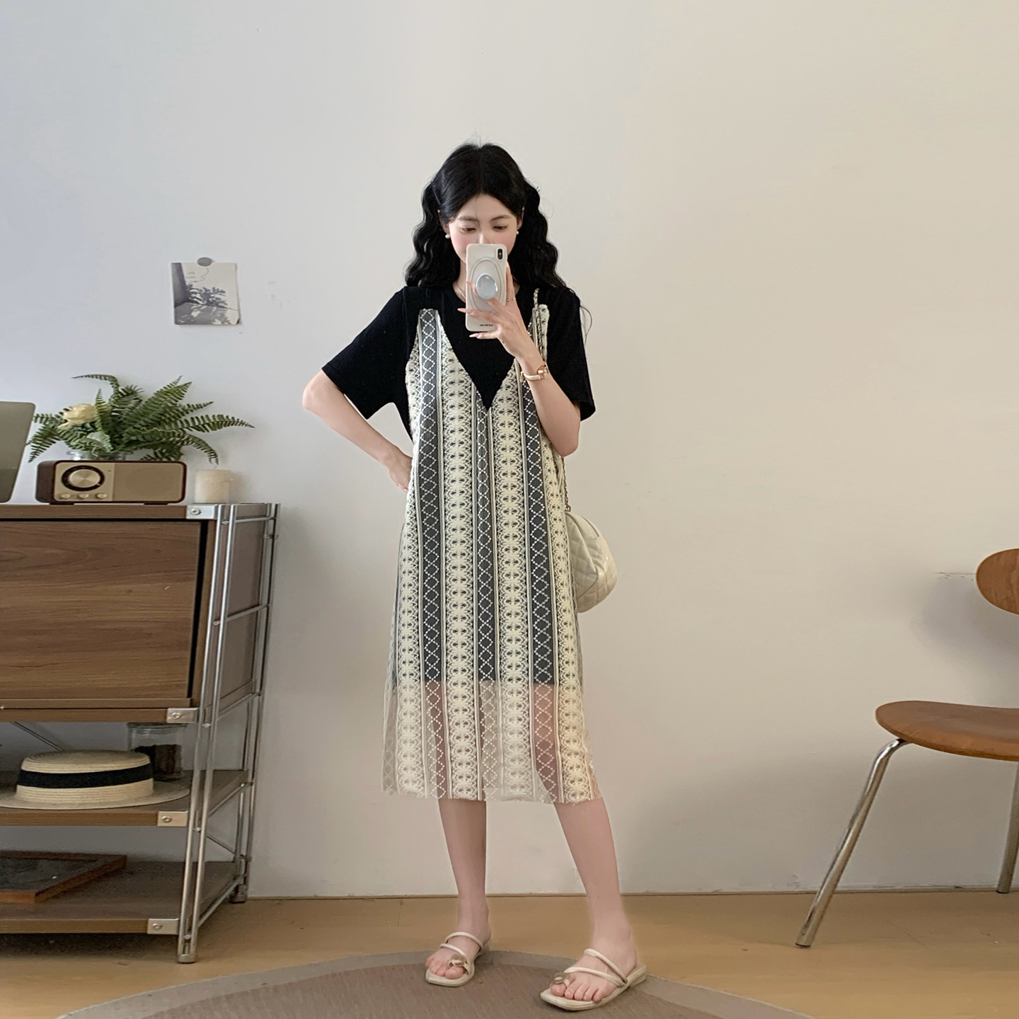 실사 디자인 센스 빛 요리 한 바람 캐주얼 페이크 레이어드 티셔츠 치마 여성 여름 한국 스타일 루즈핏 빅 사이즈 드레스