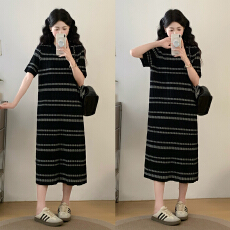 批发大码女装圆领<b class='q'>条纹</b>针织<b class='q'>连衣裙</b>女夏季小香风中长款宽松休闲裙