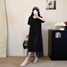 批发<b class='q'>实拍</b>韩系设计感蝴蝶结T恤连衣裙女大码女装夏季减龄网纱拼接长裙