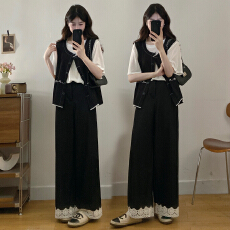 批发实拍~<b class='q'>大码</b>女装高级感精美刺绣马甲新款套装蕾丝拼接阔腿裤三件套