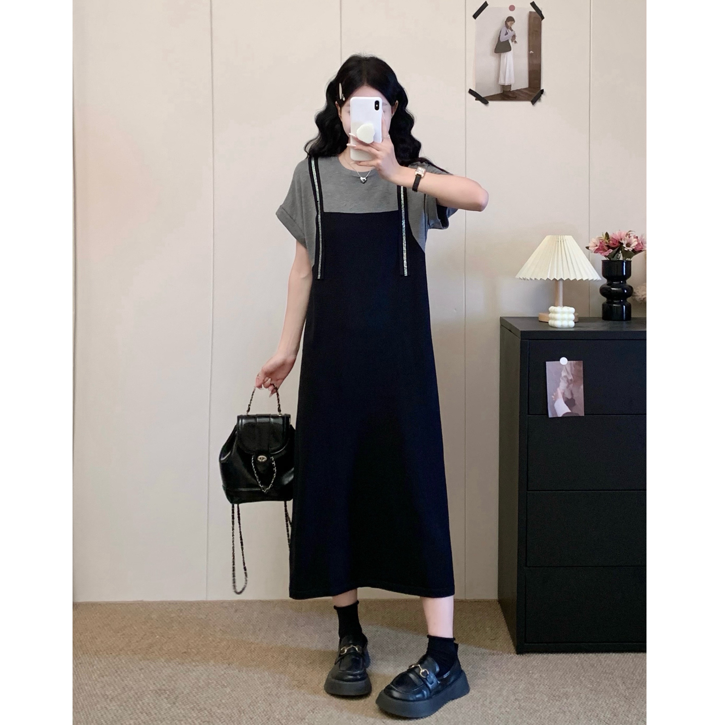 실사 빅 사이즈 여성 의류 패션 캐주얼 반팔 드레스 디자인 센스 작은 대중 슬림해 보이는 멜빵 페이크 레이어드 치마