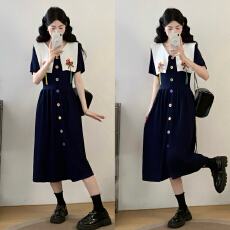 批发实拍学院风减龄<b class='q'>可爱</b>宽松大码胖mm遮肚显瘦藏肉中长款<b class='q'>连衣裙</b>女夏