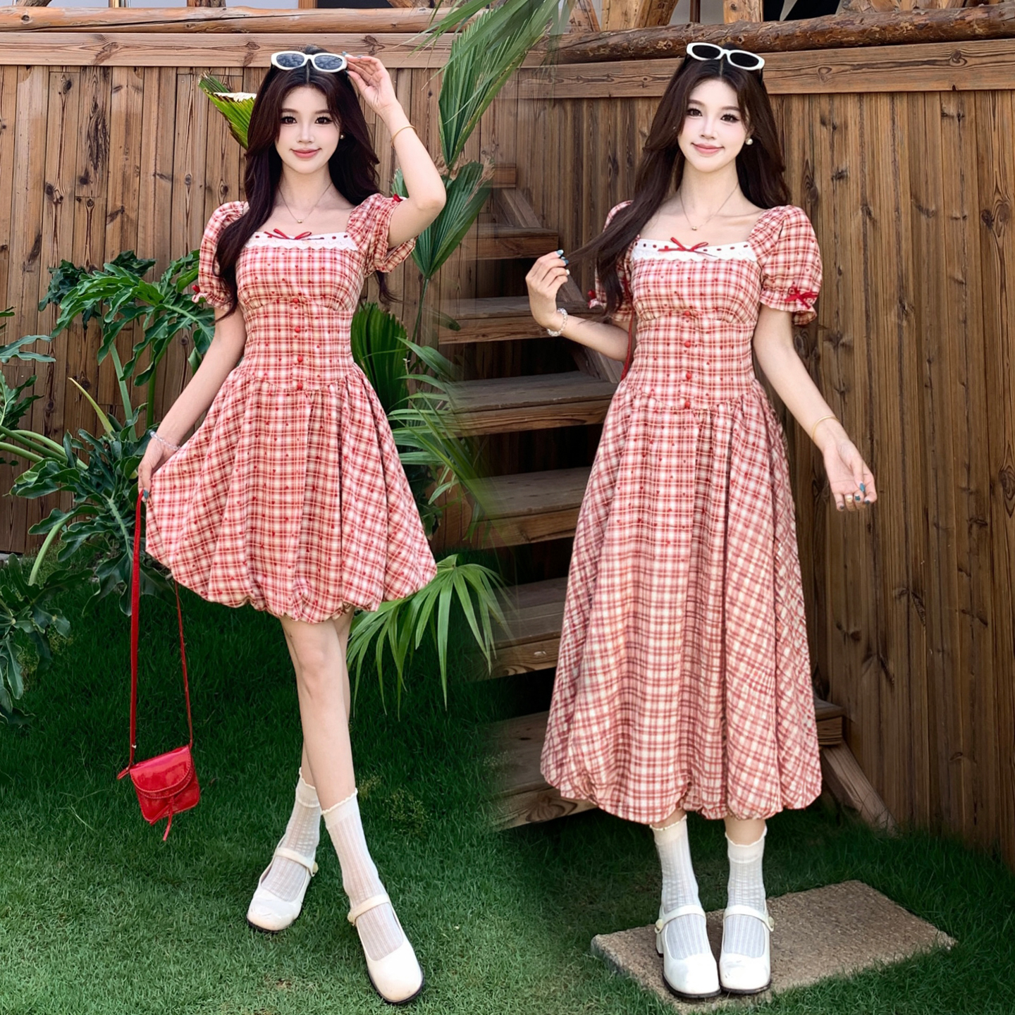 실사 빅 사이즈 여성 의류 마이크로 지방 mm 슬림해 보이는 체크무늬 인형 치마 프랑스식 레트로 스타일 꽃밭 디자인 레이스업 드레스