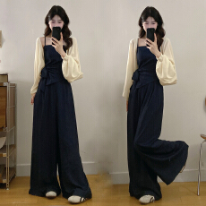 批发实拍~<b class='q'>大码</b>女装赫本风套装气质显瘦吊带背心+阔腿裤+开衫三件套