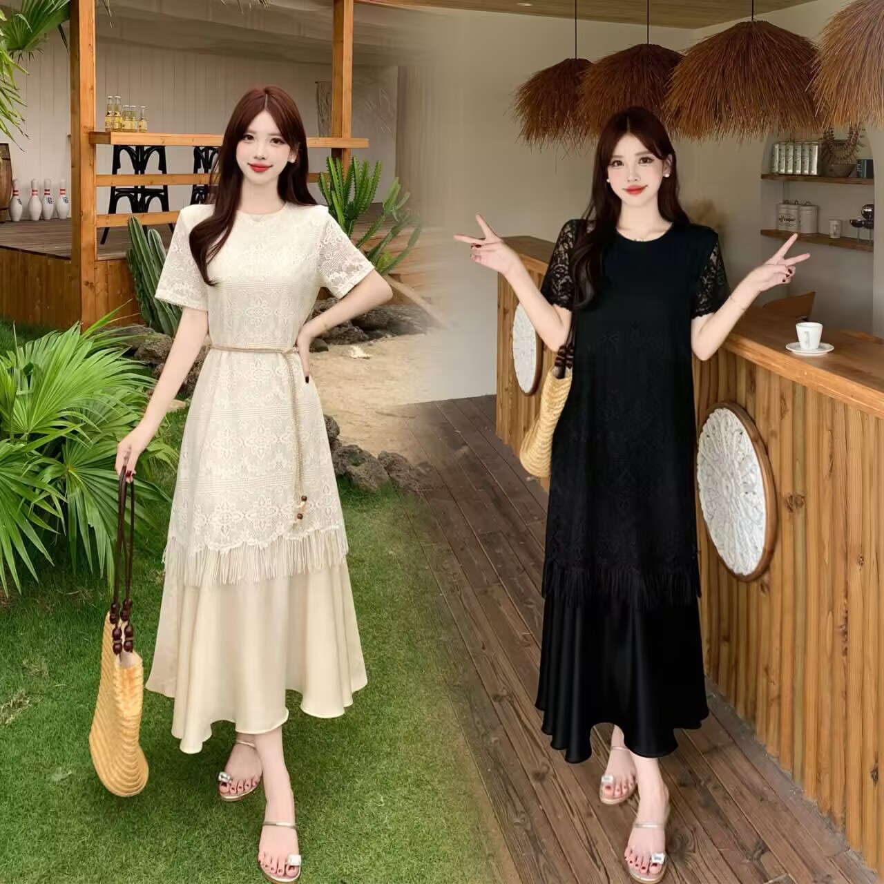 실사 빅 사이즈 지방 mm 여름 새로운 품격 우아함 빛 요리 한 바람 레이스 술 페이크 레이어드 드레스