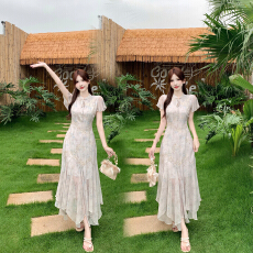 批发实拍冰瓷美人温婉气质提花国风碎花鱼尾裙收腰显瘦新中式改良<b class='q'>旗袍</b>