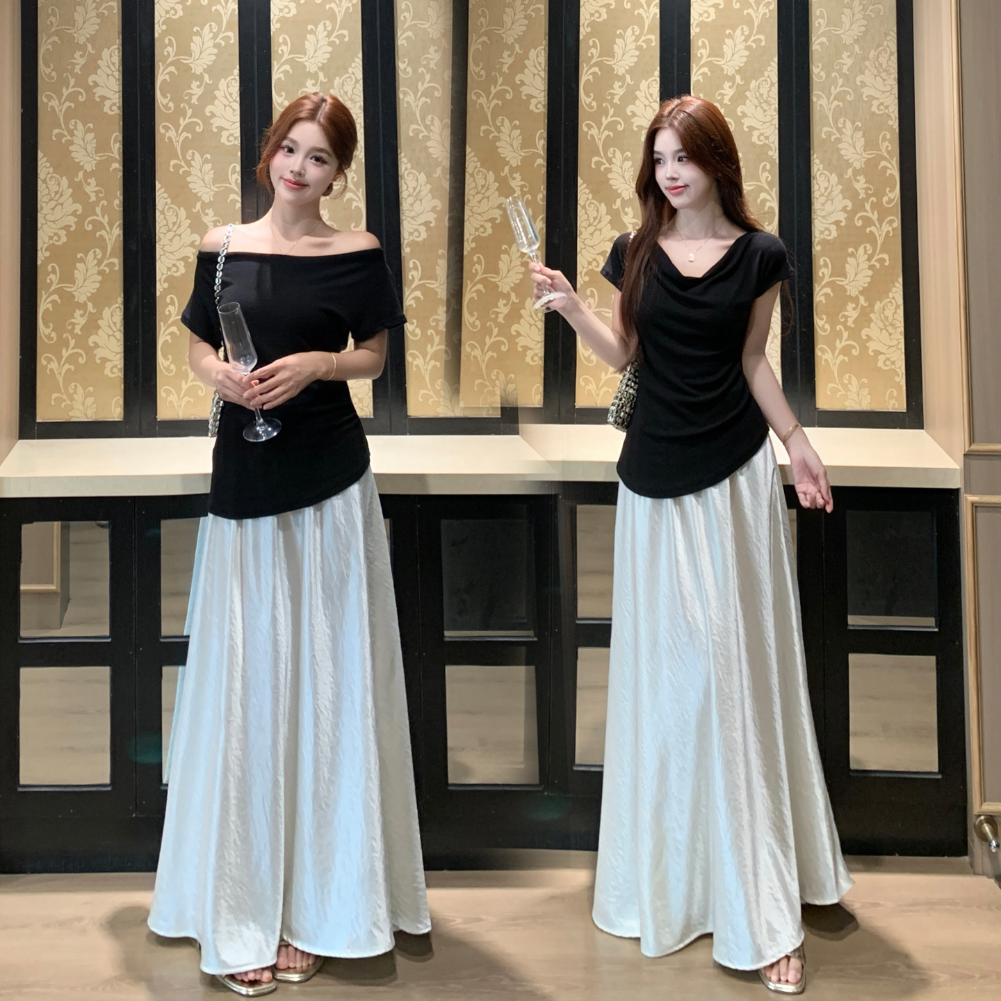 실사 여름 ootd 착용 가져 가라. 빅 사이즈 슬림해 보이는 세트 한 부서 흔들다 칼라 오프숄더 둘 착용 맨위 출퇴근 투피스 세트