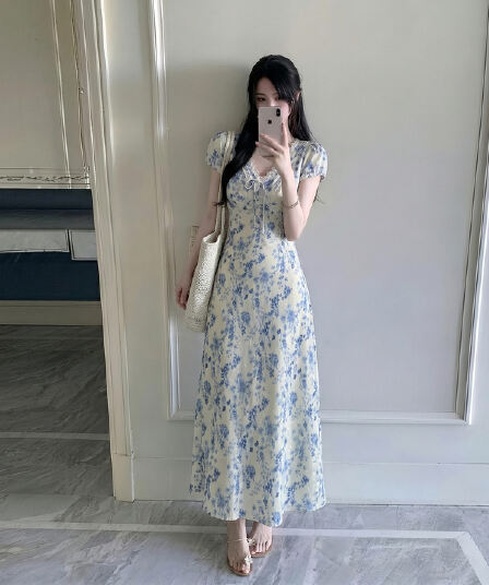 실사 하늘빛 연기 프랑스식 자카드 원단 V넥 레이스 조각 디자인 몸매 가꾸기 품격 드레스
