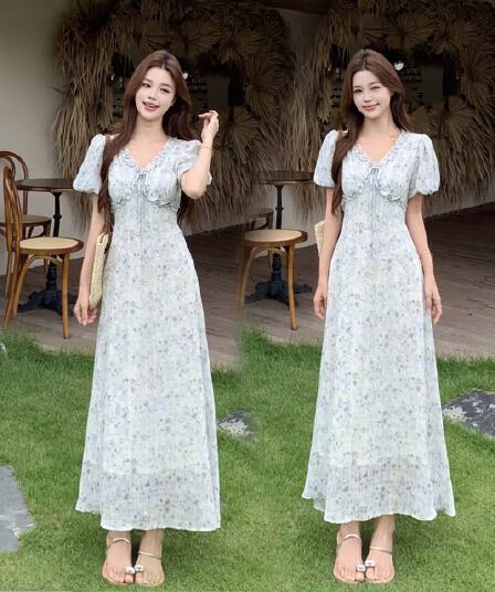 실사 2026 여름 새로운 빅 사이즈 프랑스식 부드러운 허리 수축 슬림해 보이는 꽃무늬 드레스 휴가 롱 코트 드레스