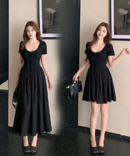 실사 파리 전복 빅 사이즈 여성 의류 프랑스식 검정색 고급 센스 나비 매듭 디자인 롱 코트 허리 수축 드레스