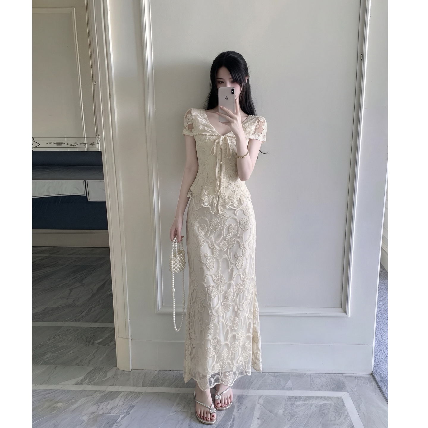 新中式国风套装女重工镂空绣花收腰上衣高腰蕾丝半身裙两件套 服裝批發女裝批發服飾貨源